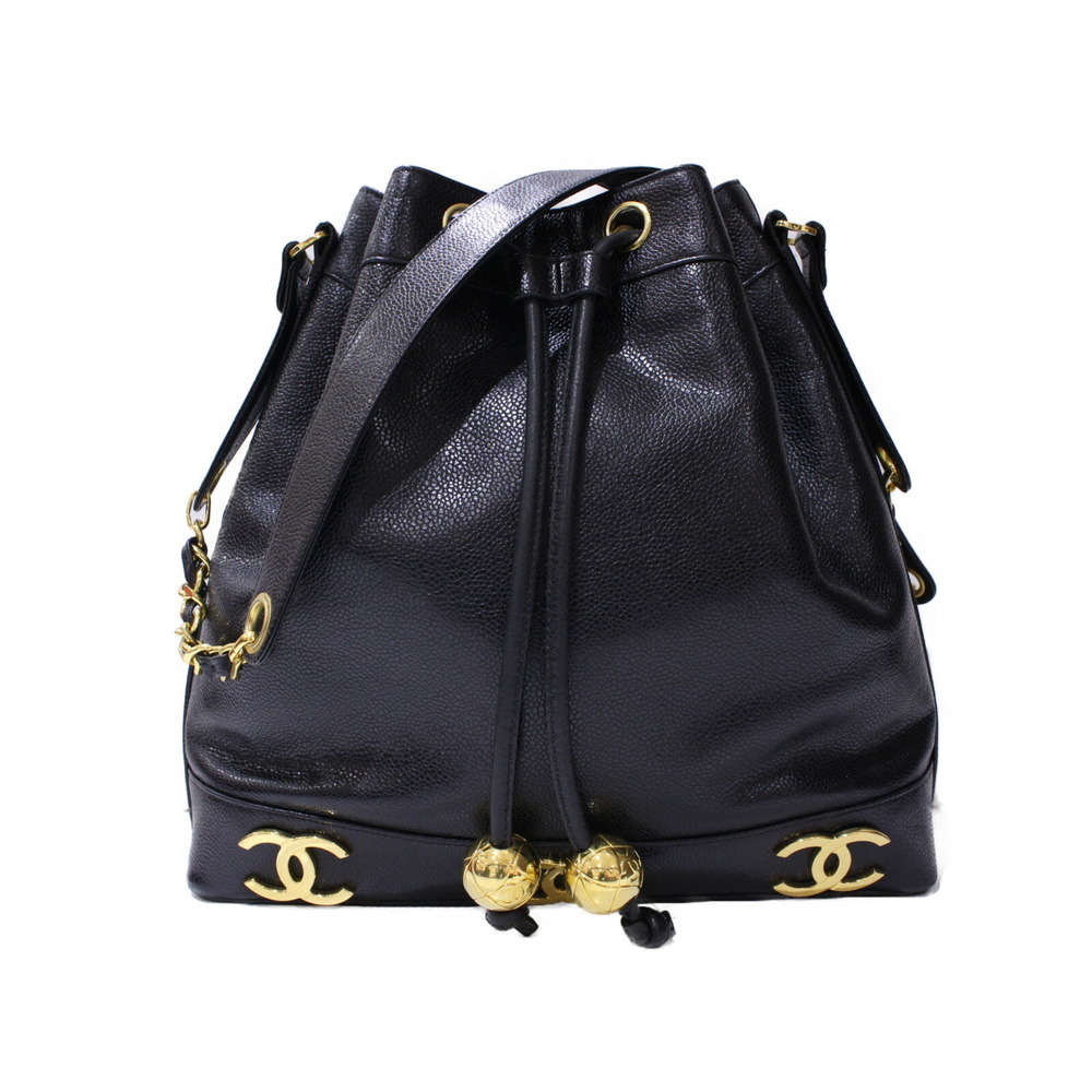 Chanel Triple Coco Mark Chain Shoulder Bag Black Caviar Leather Gold